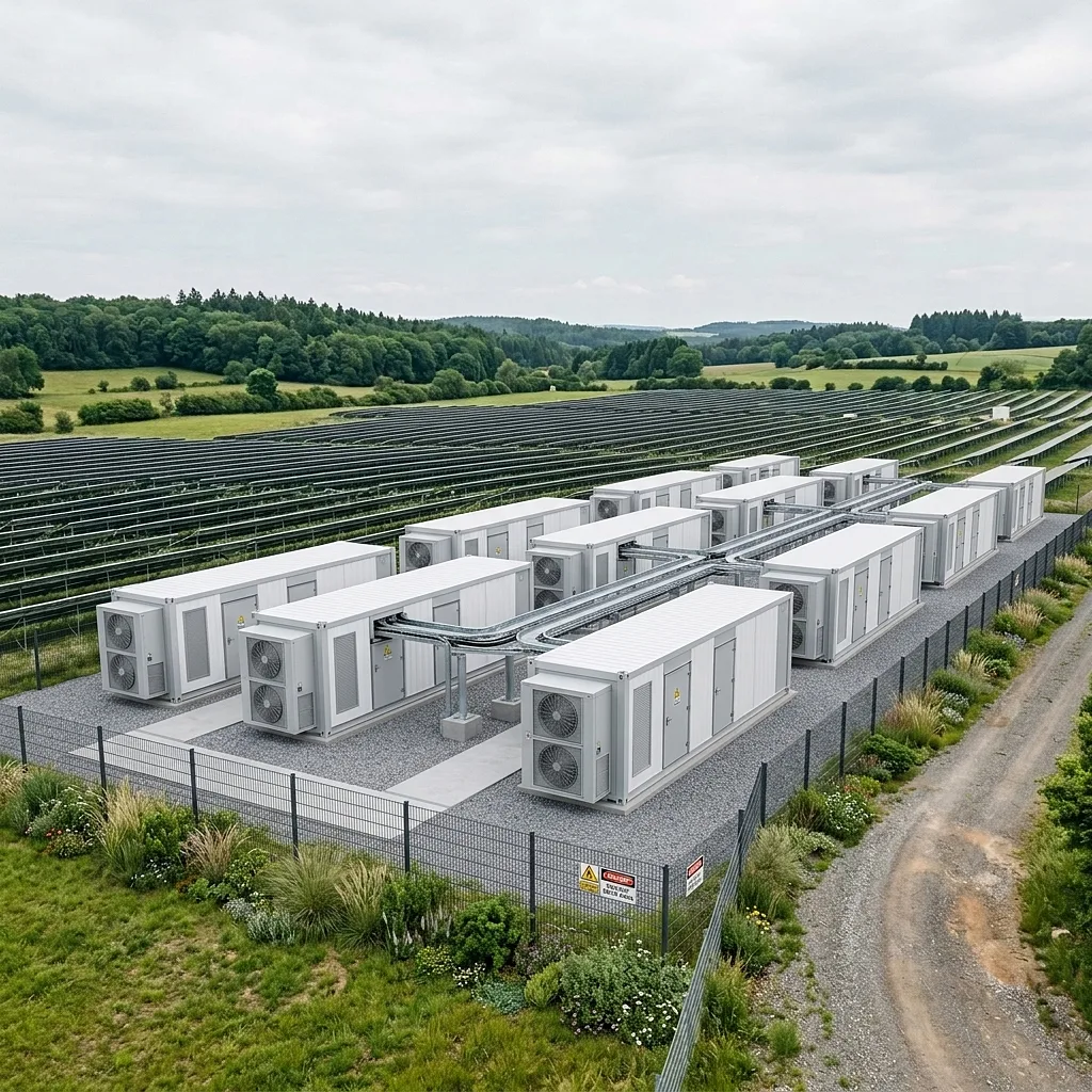 Soll-Zustand: Visualisierte Fotomontage des BESS-Batteriespeichers an der PV-Freiflächenanlage