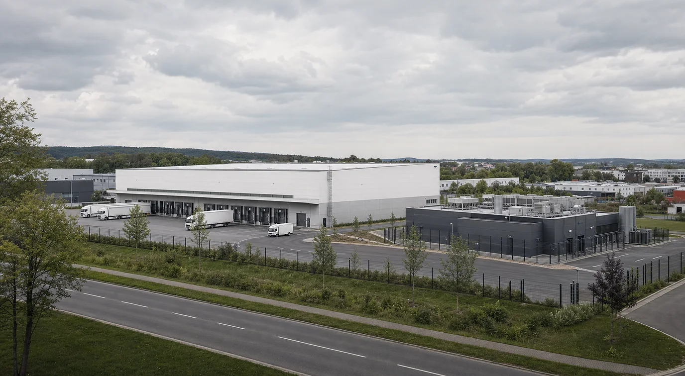 Genehmigungsvisualisierung als Photomontage für Logistikhalle, Rechenzentrum und Industriepark im deutschen Standortumfeld