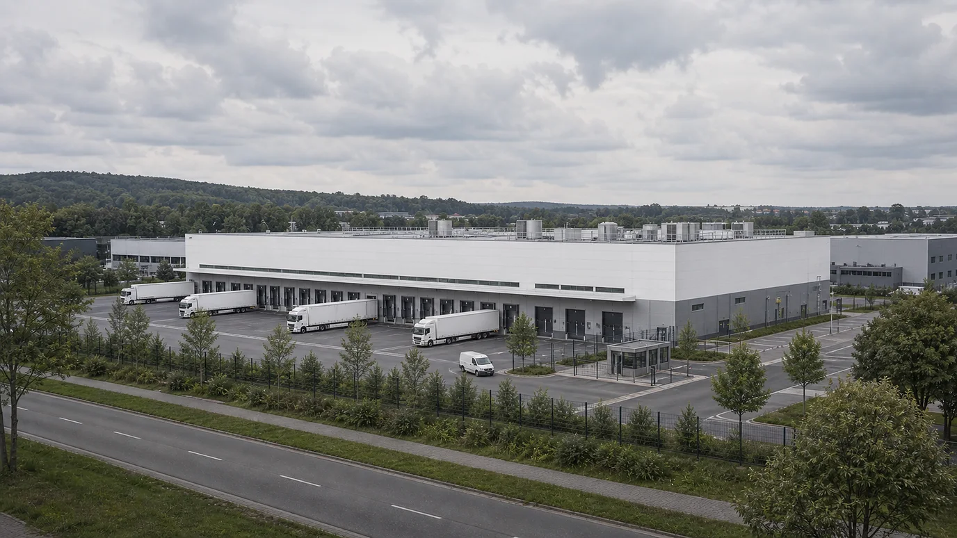Genehmigungsvisualisierung einer Logistikhalle aus Standortperspektive mit Andienung, Landschaftspuffer und Dachaufbauten