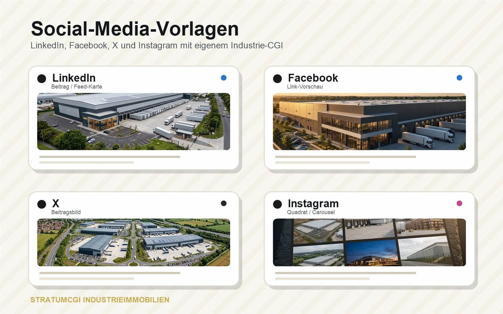 Vorlagenpaket fuer soziale Medien mit LinkedIn, Facebook, X und Instagram Zuschnitten fuer Industrieimmobilien