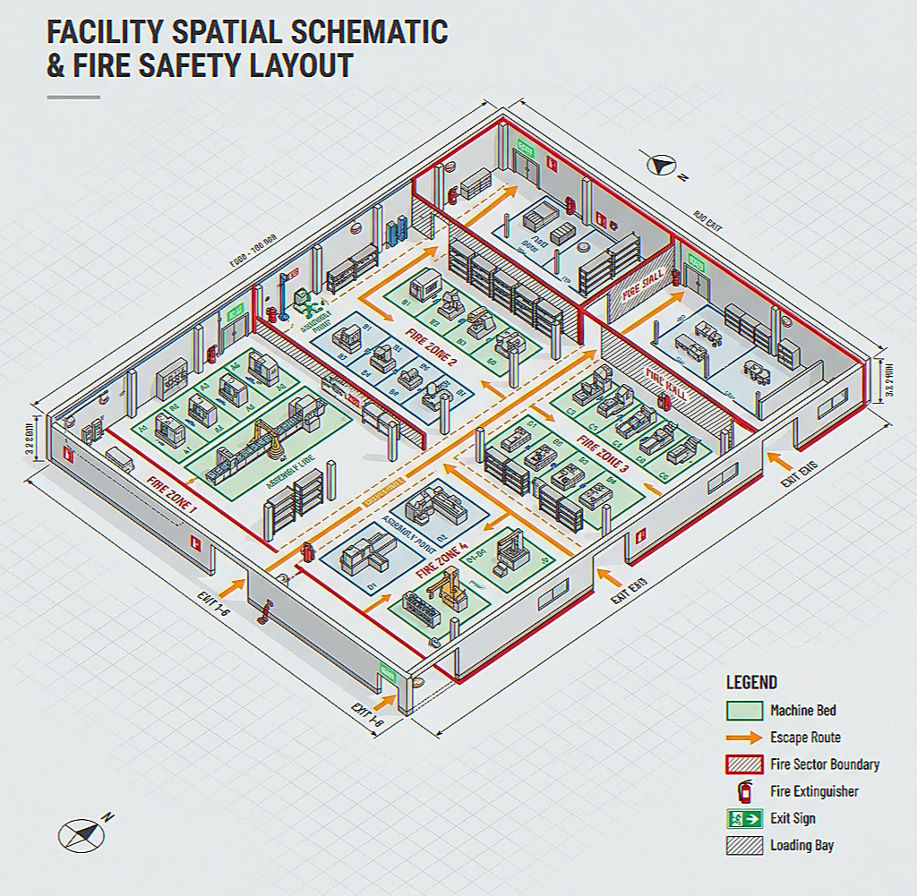 3D Maschinenlayout und Ablaufdiagramm einer Produktionshalle von StratumCGI