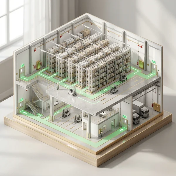 Industriehalle Brandschutz-Visualisierung mit Fluchtwegen und Brandabschnitten
