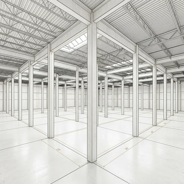 Vorplanung: Massenmodell, Stützenraster und Blickwinkel der Industriehalle