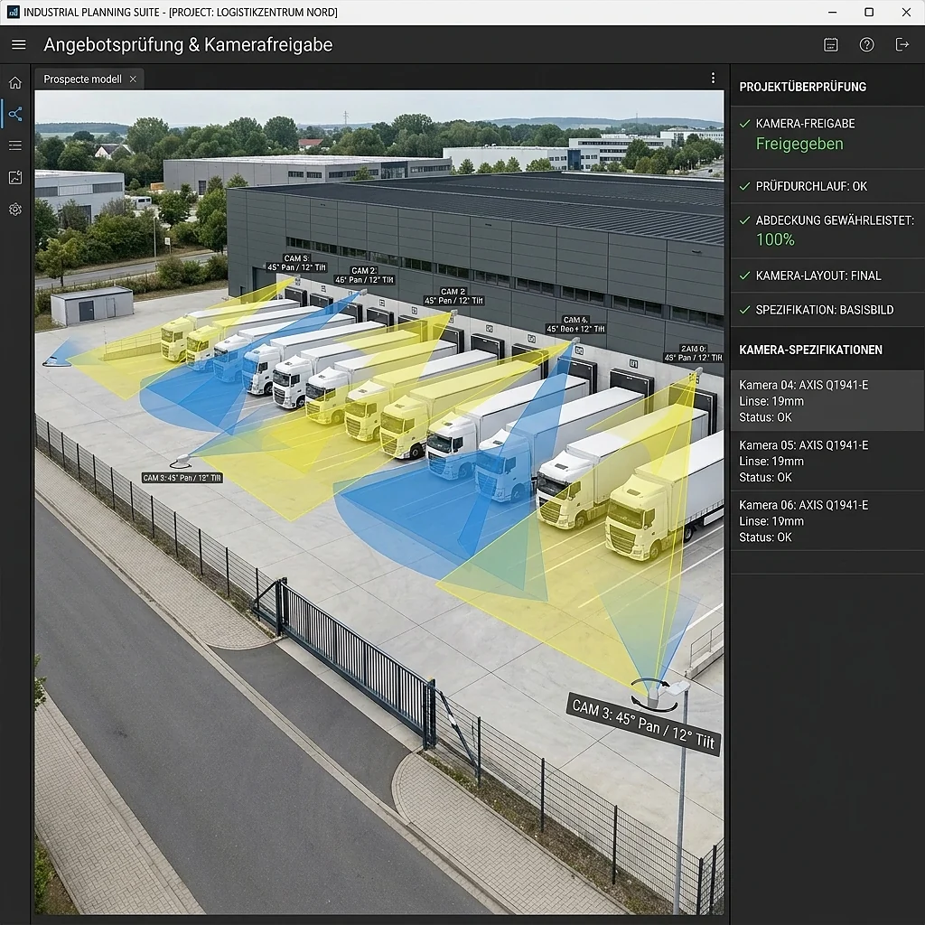 Angebotsprüfung und Kamerafreigabe der Industriehalle: Technische Visualisierung des Kamerabereichs und der Sichtabdeckung