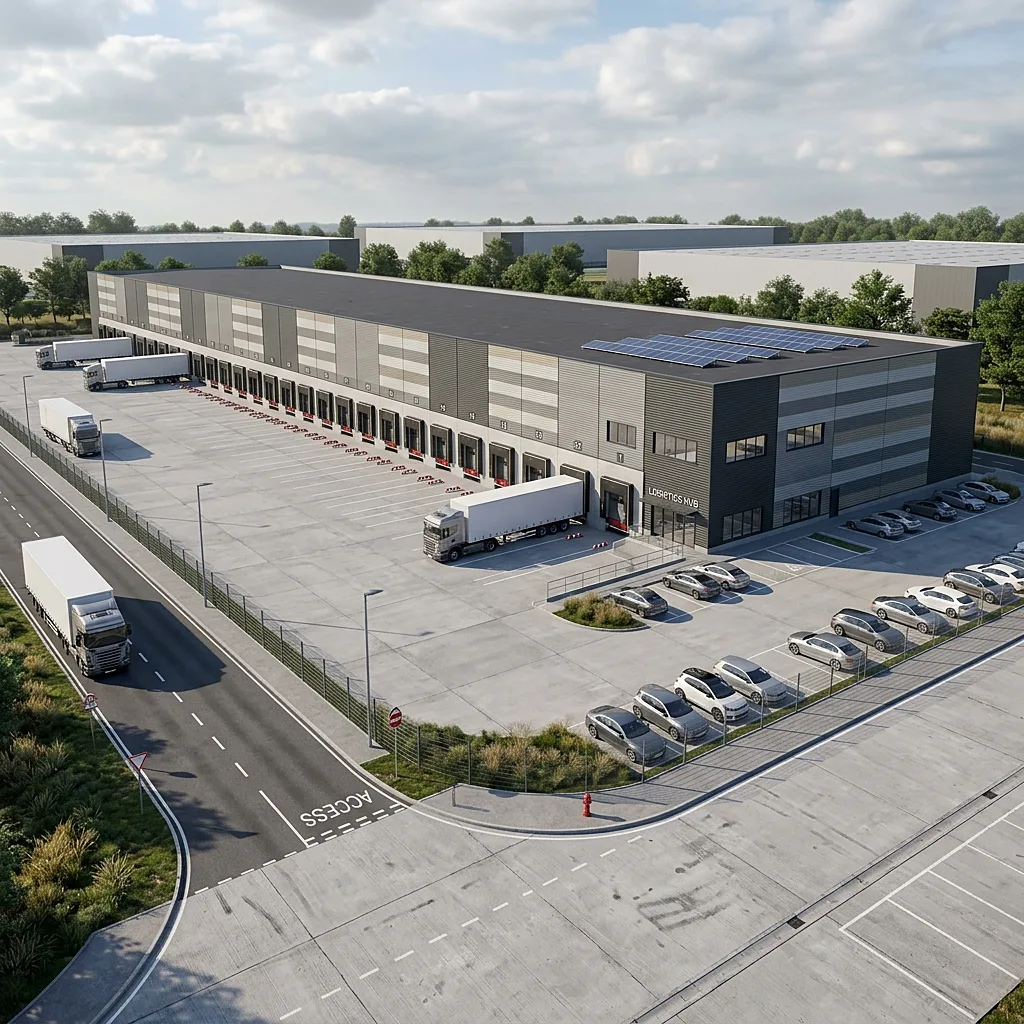 Vermarktung und Außenansicht einer Logistikimmobilie mit Lkw-Hof