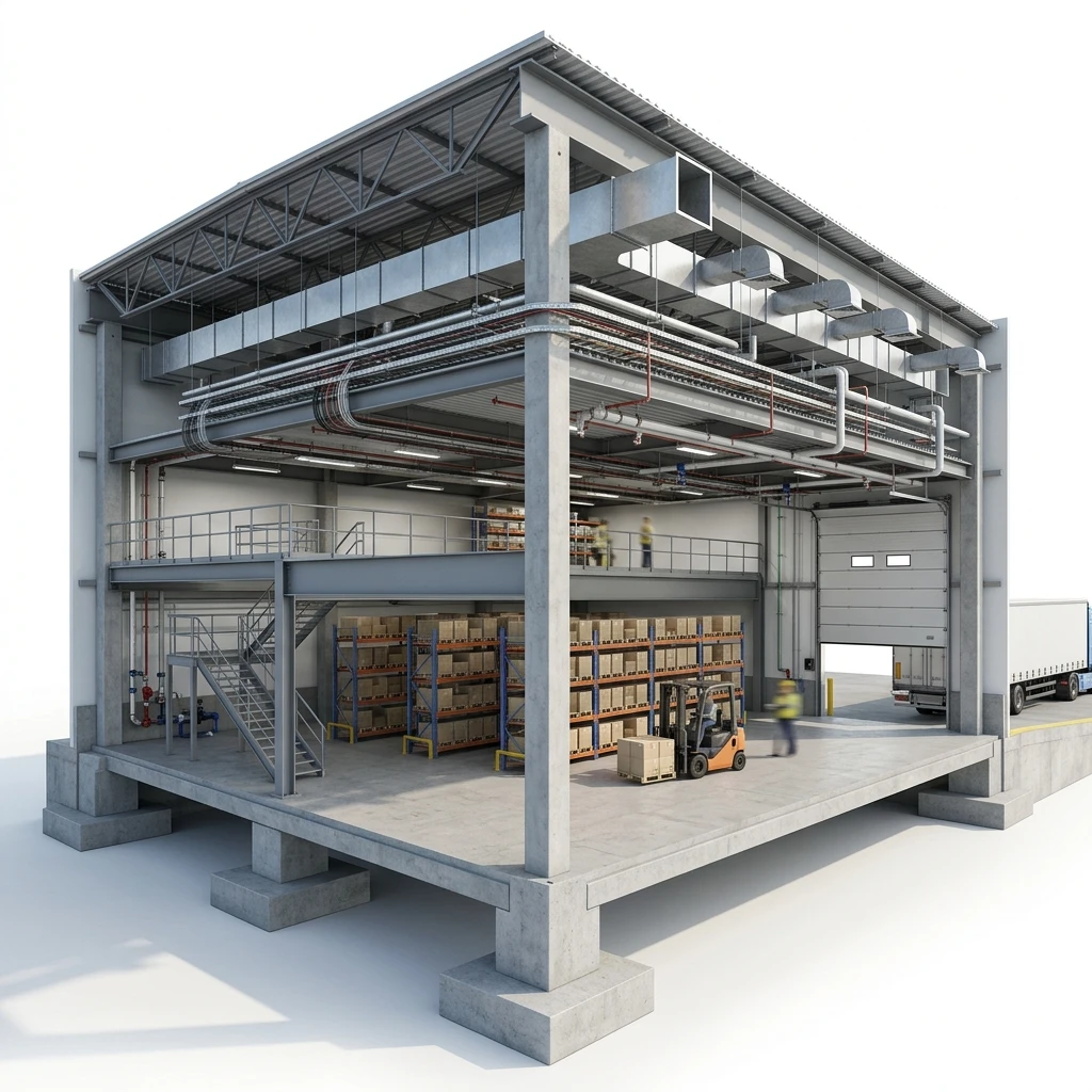 Axonometrische 3D-Schnittdarstellung einer Logistikhalle mit Revit-BIM-Ingestion und visualisierter TGA-Trassenführung von StratumCGI
