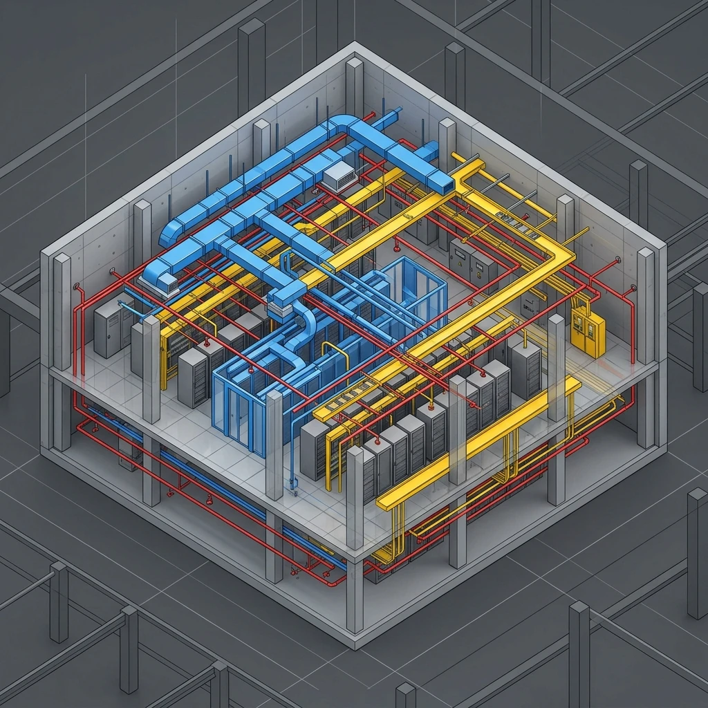 3D-Layout-Schemadiagramm der TGA-Leitungstrassen und Kollisionszonen im Rechenzentrum von StratumCGI