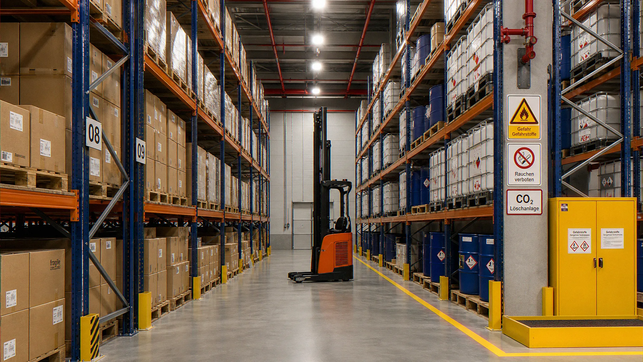 Innenraumansicht eines Hochregallagers mit ausgewiesener Gefahrstoffzone: IBC-Container, Sicherheitsschränke, CO2-Löschanlage und Schmalgangstapler
