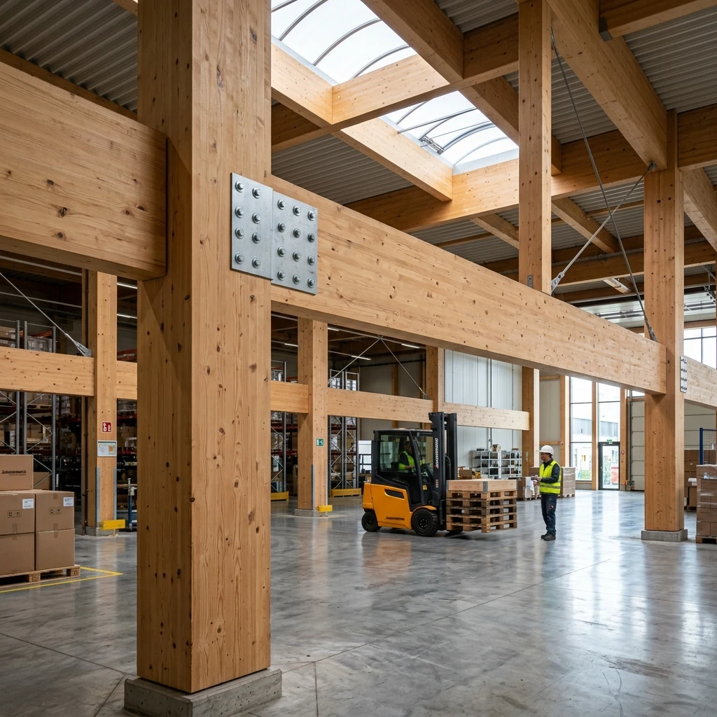 Visualisierung einer ökologischen Holzbau-Tragwerkskonstruktion in einer Logistikhalle von StratumCGI
