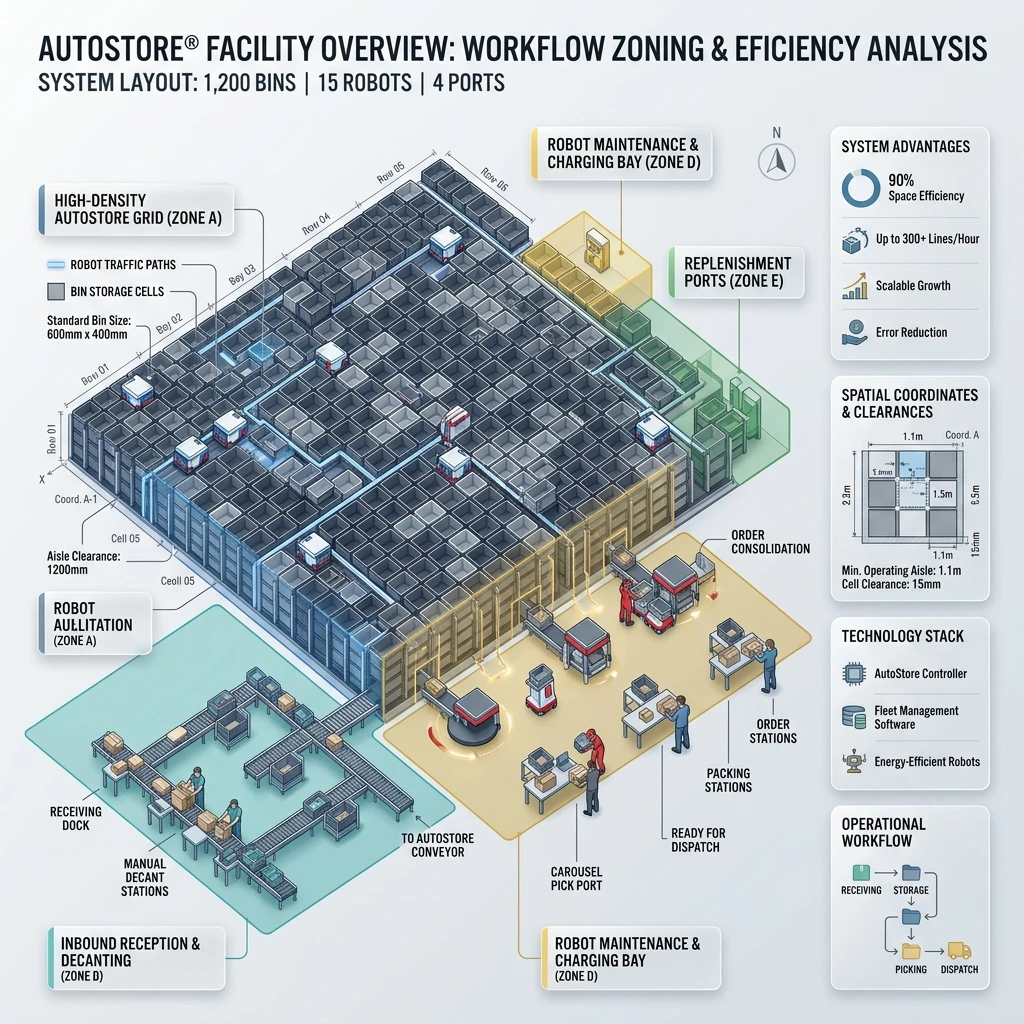 Heatmap-Darstellung und 3D-Layout-Planungsdiagramm des AutoStore-Grids im Logistikzentrum von StratumCGI