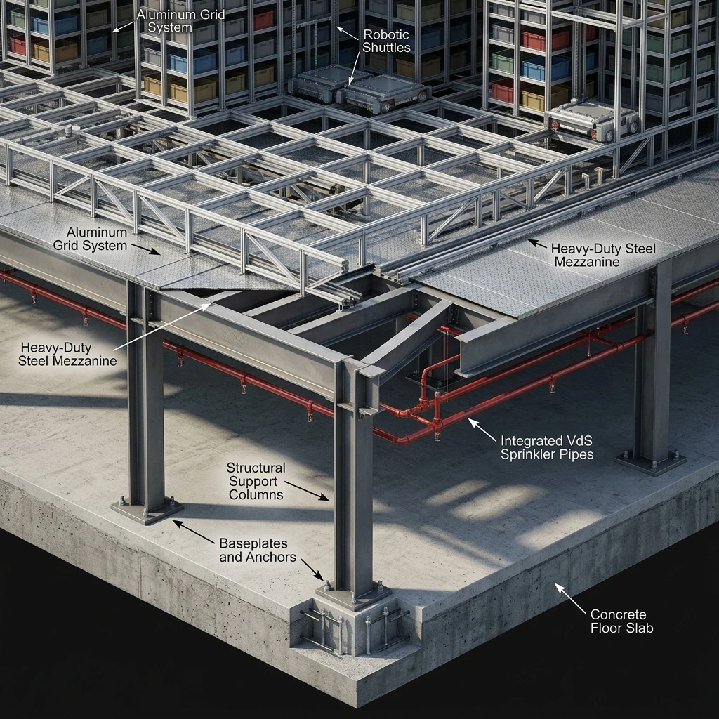 Axonometrische 3D-Visualisierung der AutoStore-Stahlbühne und Schnittdarstellung der Säulenlast-Verteilung auf die Bodenplatte eines Logistikzentrums von StratumCGI