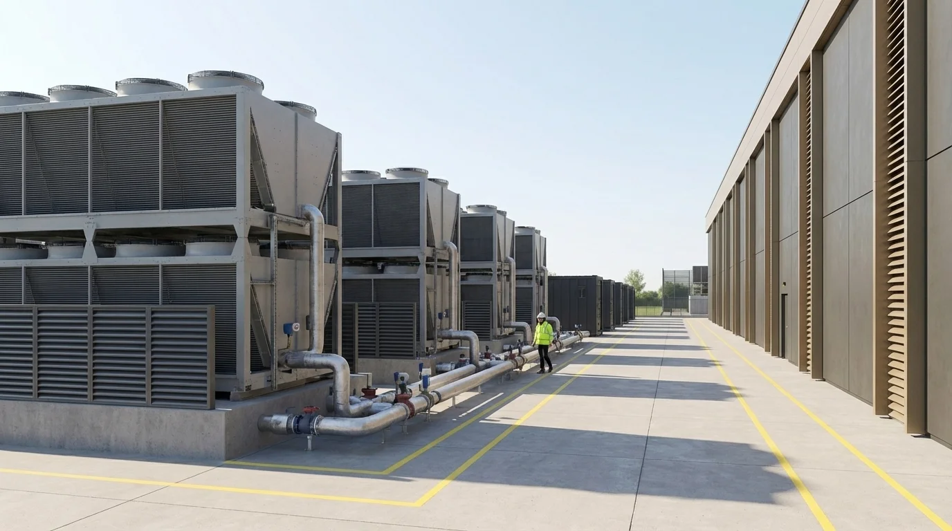 Dry Cooler Kühlanlagenfeld auf dem Dach eines Rechenzentrums in der 3D-Visualisierung von StratumCGI