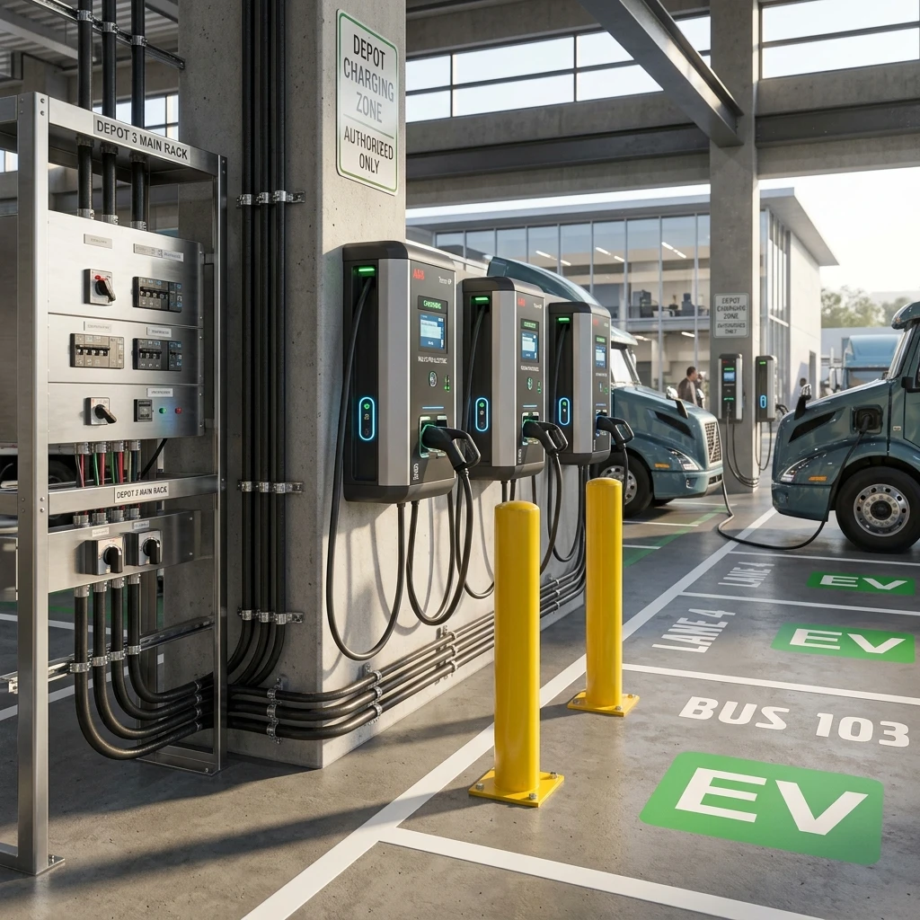 Visualisierung der EV-Ladeinfrastruktur für E-Transporter in einem Last-Mile-Depot von StratumCGI