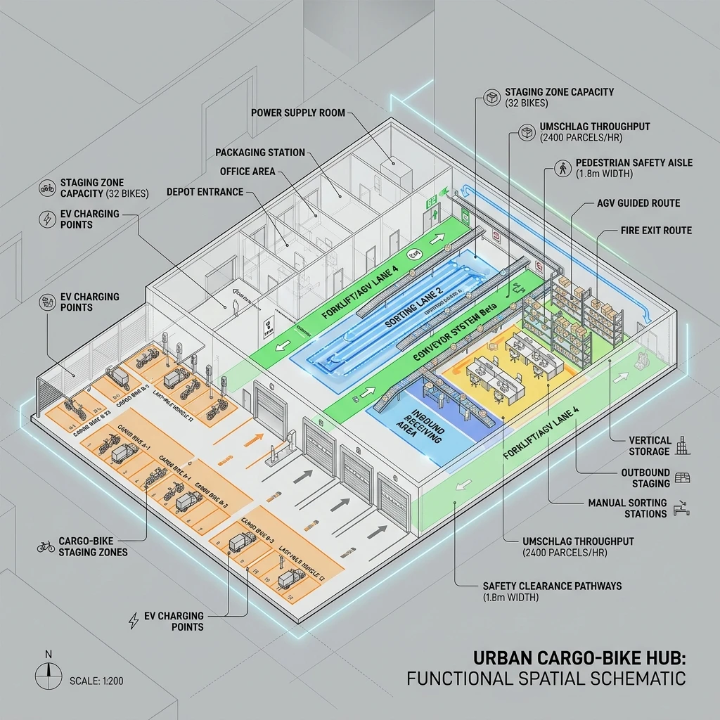 Technisches 3D-Areal-Layout eines städtischen Zustelldepots von StratumCGI