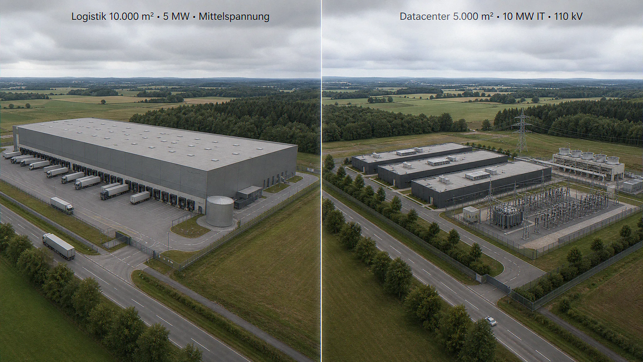 Side-by-side-Visualisierungsvergleich: deutsche Logistikhalle mit 10.000 Quadratmeter Grundfläche neben Tier-III-Rechenzentrum-Campus mit 10 MW IT-Last und 5.000 Quadratmeter Grundfläche, gleiche Grundstücksfläche, unterschiedliche Footprints und Infrastruktur