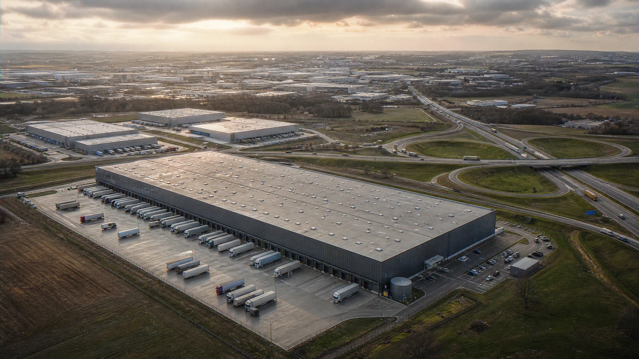 Standortvisualisierung einer deutschen Logistikregion mit Big-Box-Distributionshalle, Lkw-Hof, Autobahnkreuz im Vordergrund und Mieter-Cluster im Hintergrund für Standort-Storytelling im Investmentkomitee