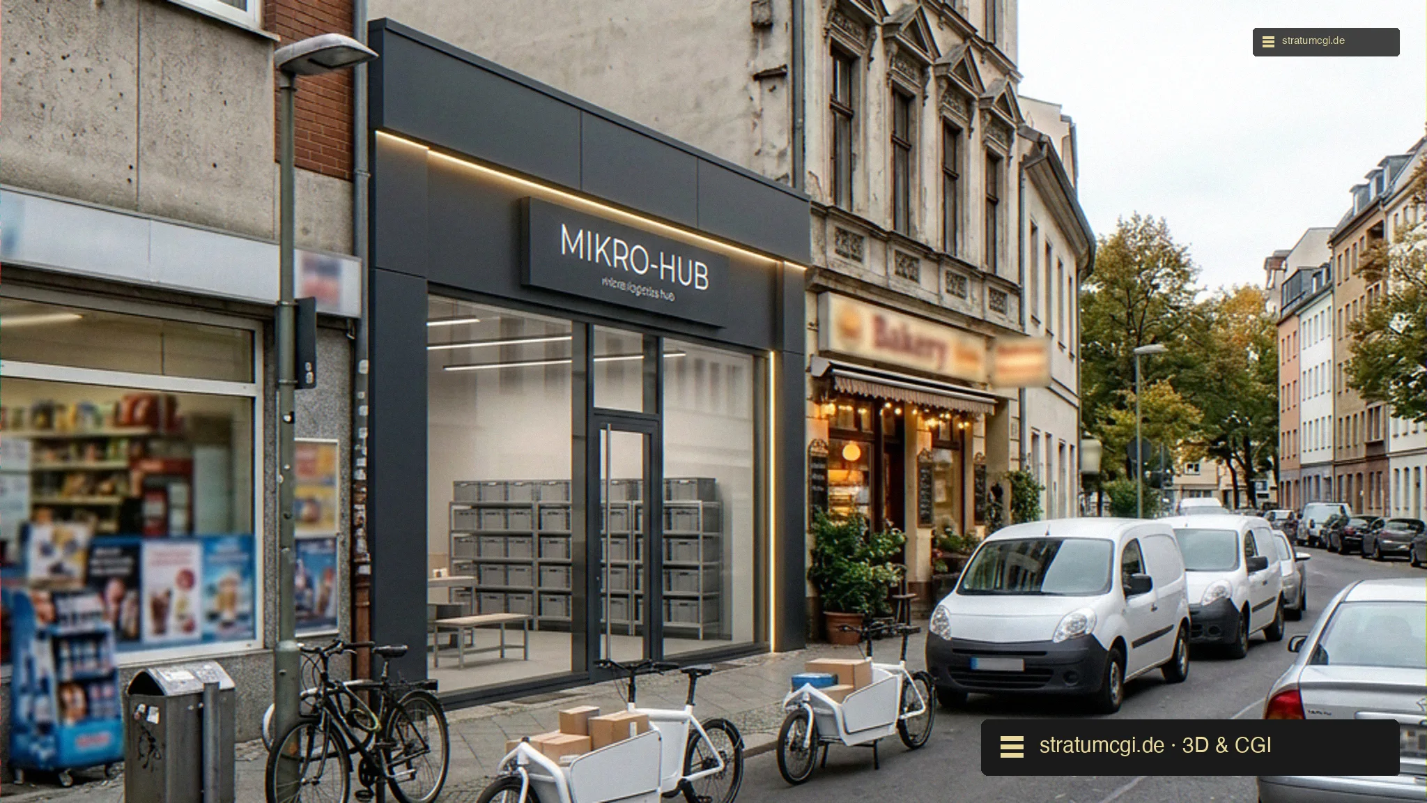 Visualisierung: dieselbe innerstädtische Erdgeschossfläche als fertiger Mikro-Hub mit Lastenrad-Andienung und weißen Lieferfahrzeugen