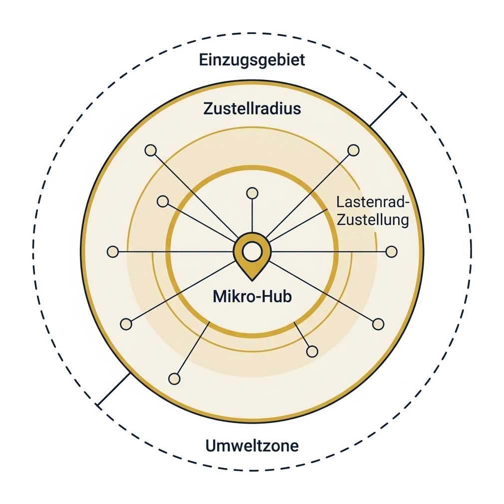 Diagramm der Mikro-Hub-Standortwahl: zentraler Umschlagpunkt mit konzentrischen Zustellradius-Ringen für Lastenräder, umgebende Empfängerdichte und eingezeichnete Umweltzonen-Grenze im Innenstadtgefüge