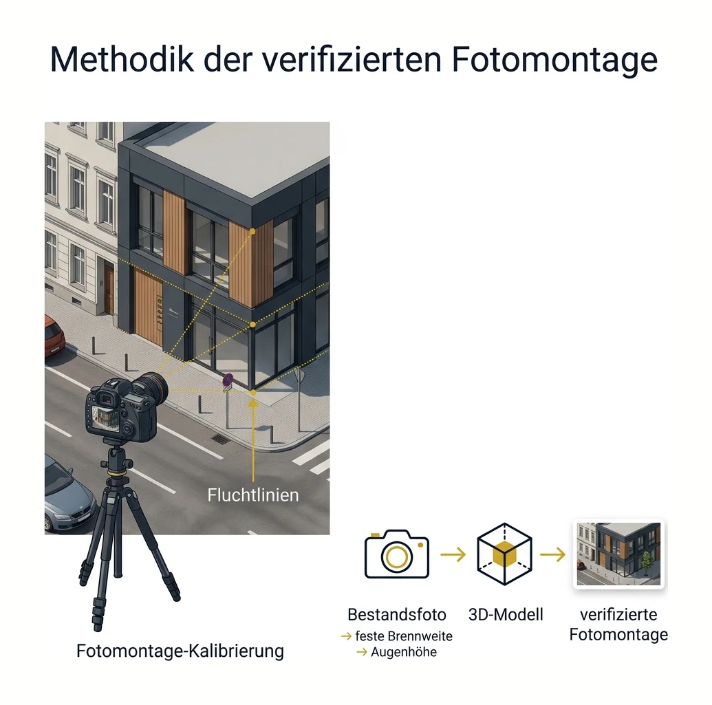 Diagramm der Fotomontage-Kalibrierung: Bestandsfoto, fester Kamerastandpunkt mit identischer Brennweite und Augenhöhe, maßstäblich eingerechneter Baukörper aus dem 3D-Modell