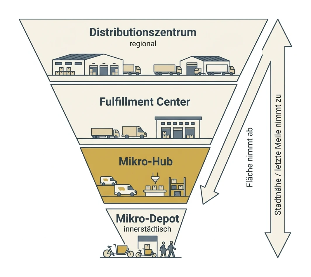 Diagramm der Logistikimmobilien-Hierarchie: Distributionszentrum, darunter Fulfillment Center, darunter Mikro-Hub und Mikro-Depot, mit abnehmender Fläche und zunehmender Stadtnähe zur letzten Meile