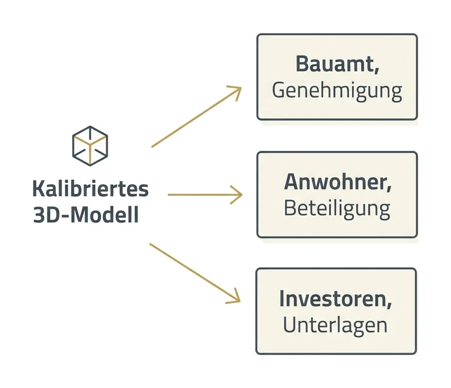 Diagramm: ein kalibriertes 3D-Modell des Mikro-Hubs speist drei Adressaten, das Bauamt für die Genehmigung, die Anwohnerschaft für die Beteiligung und Investoren für die Unterlagen