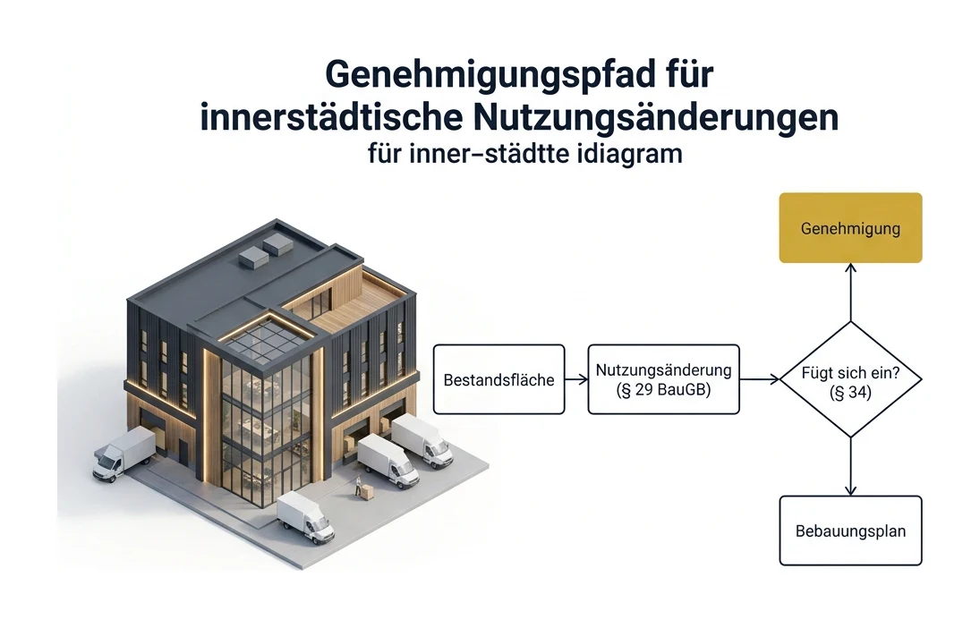 Flussdiagramm des Genehmigungswegs: Bestandsfläche, Nutzungsänderung als Vorhaben nach § 29 BauGB, Prüfung der Einfügung nach § 34 BauGB, dann Genehmigung oder Bebauungsplan
