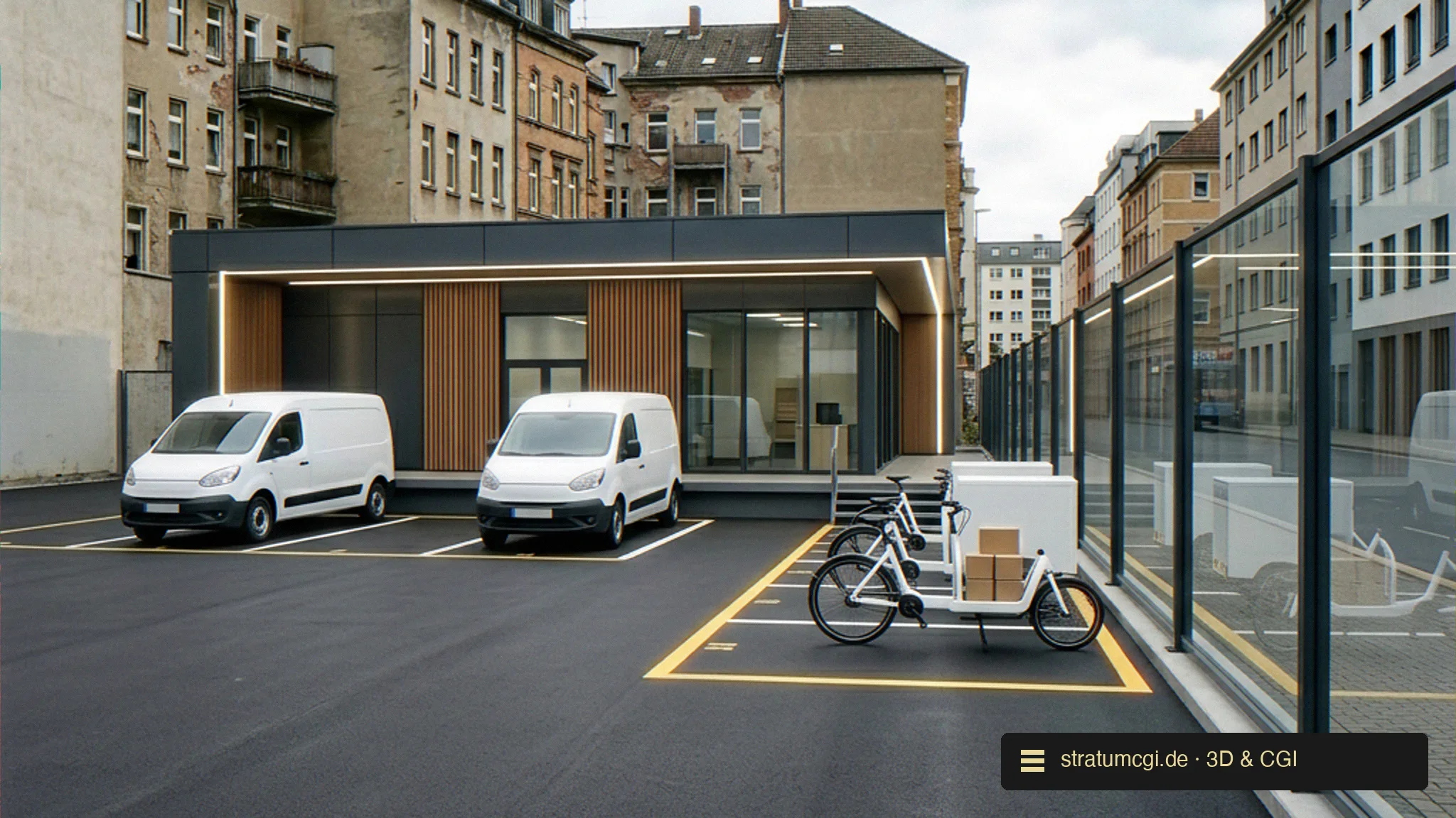 Visualisierung: derselbe unbebaute innerstädtische Parkplatz reentwickelt als moderner, begrünter Mikro-Hub mit Ladeinfrastruktur