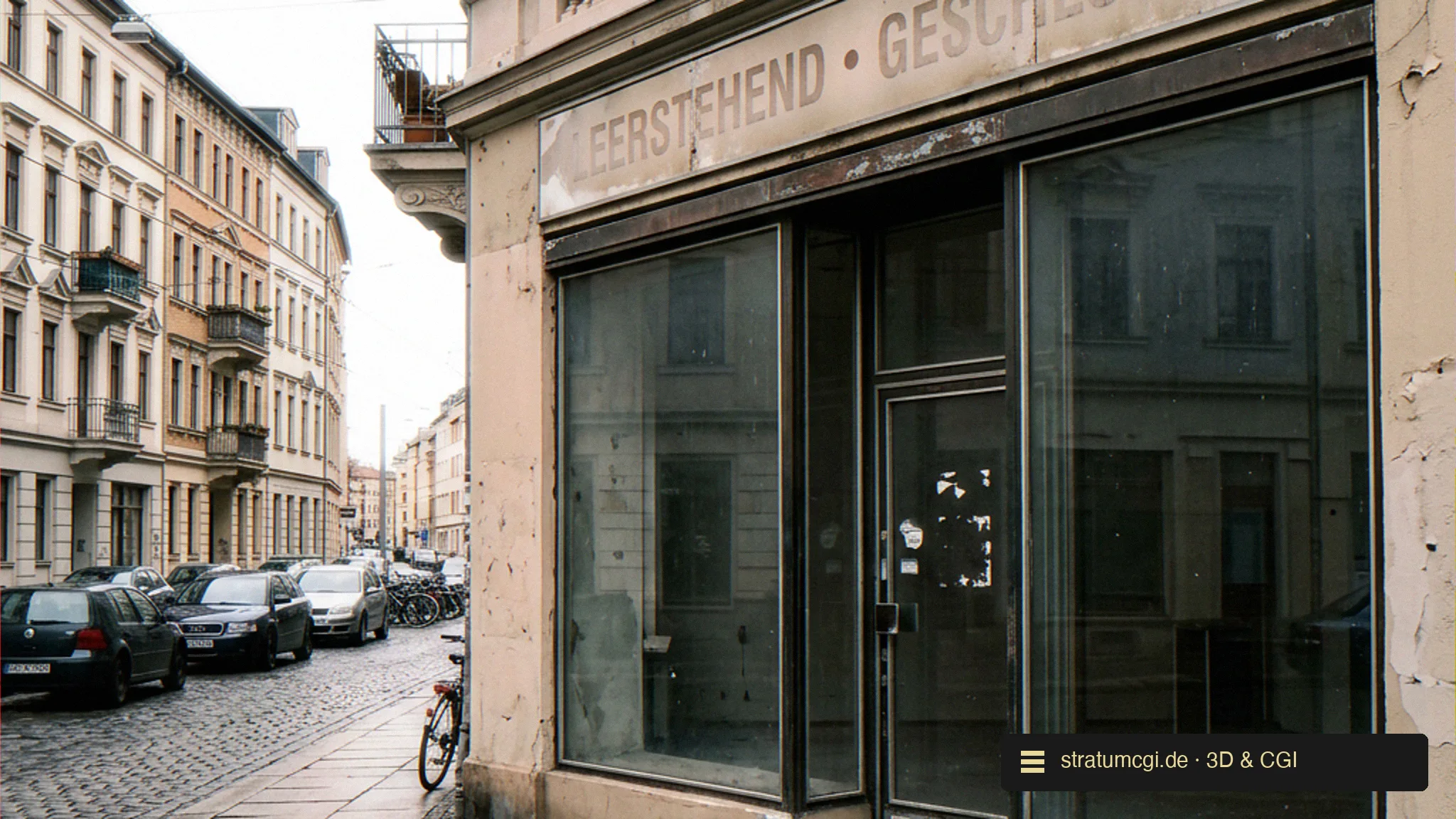 Bestand: geschlossene, leerstehende Einzelhandelsfläche im Erdgeschoss vor der baulichen Umnutzung