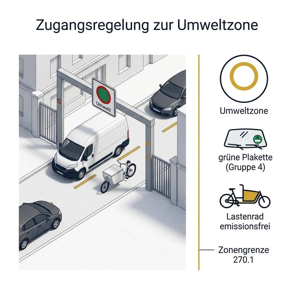 Diagramm der Umweltzonen-Zugangsregelung: grüne Plakette der Schadstoffgruppe 4 für anliefernde Fahrzeuge, emissionsfreie Lastenräder ohne Einschränkung, Zonengrenze nach Verkehrszeichen 270.1