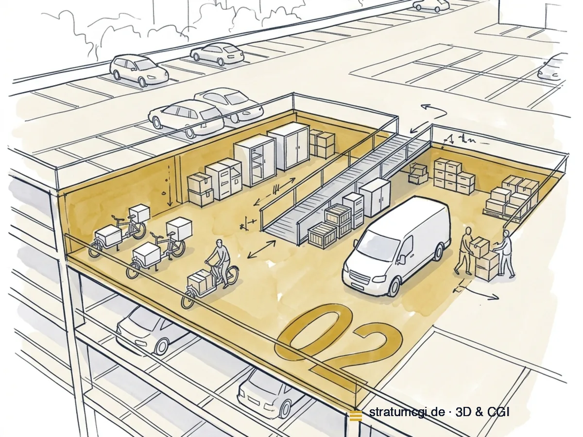 Handgezeichnete Skizze: ein Parkhaus-Deck wird zum innerstädtischen Umschlag-Hub umgenutzt