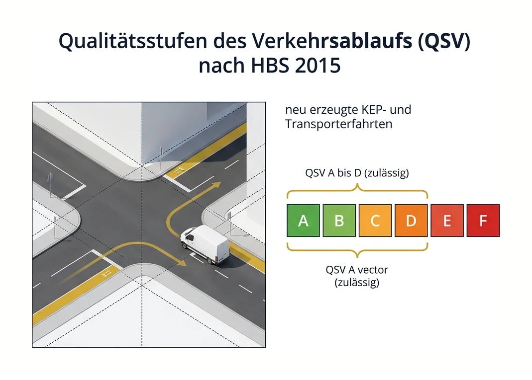 Diagramm der Verkehrsqualitätsstufen QSV A bis F nach HBS 2015 für die Knotenbewertung im Verkehrsgutachten eines Mikro-Hubs