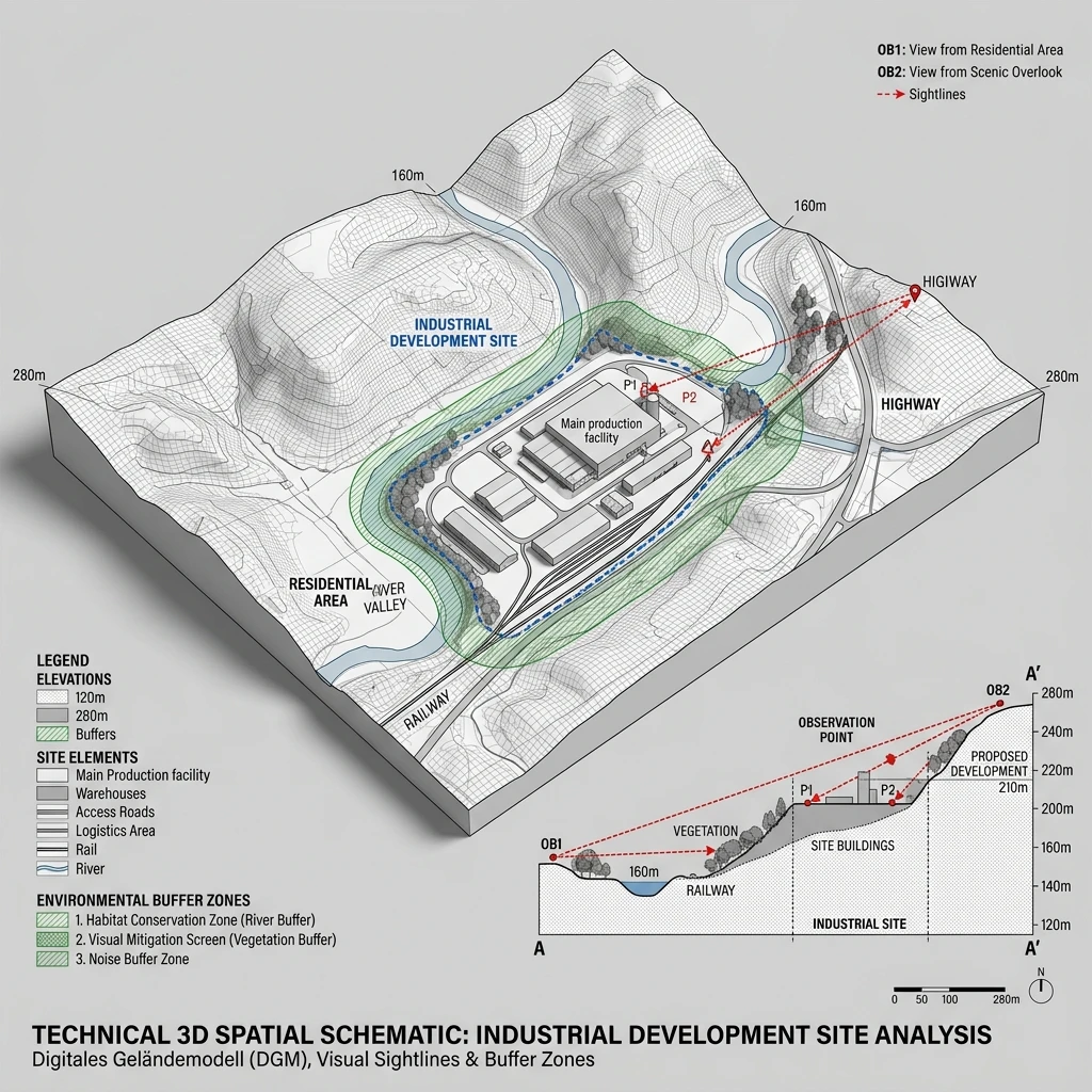 DGM Höhenprofil und Geländeschnittzeichnung im 3D Arealmodell von StratumCGI
