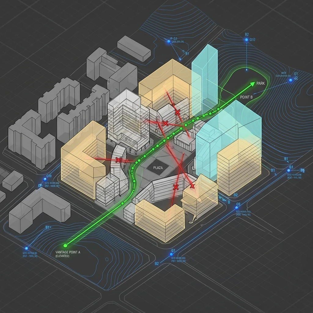 3D-Sichtachsenanalyse und Visualisierung der Abstandsflächen im B-Plan-Verfahren von StratumCGI
