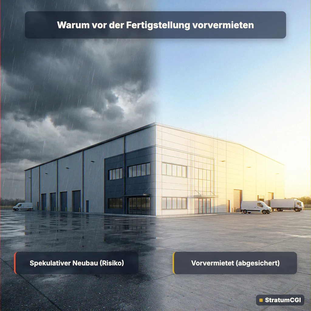 Visualisierung: spekulativer Neubau ohne gesicherten Mieter im Sturm gegenüber einer vorvermieteten Logistikimmobilie mit abgesichertem Cashflow im Tageslicht