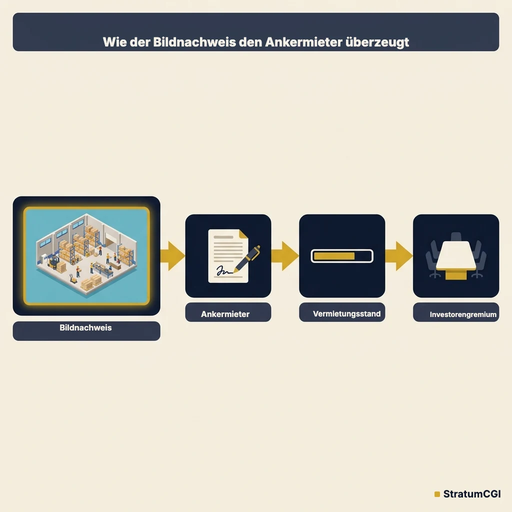Diagramm der Entscheidungskette: Bildnachweis überzeugt den Ankermieter, hebt den Vermietungsstand und führt zur Prüfung durch das Investorengremium