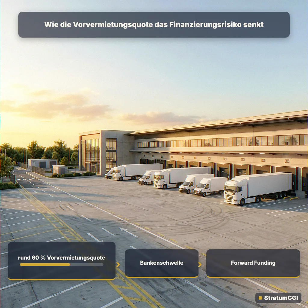 Visualisierung: rund 60 Prozent Vorvermietungsquote als Schwelle zur Bankfinanzierung und Voraussetzung für die ratierliche Projektfinanzierung (Forward Funding) einer Logistikimmobilie