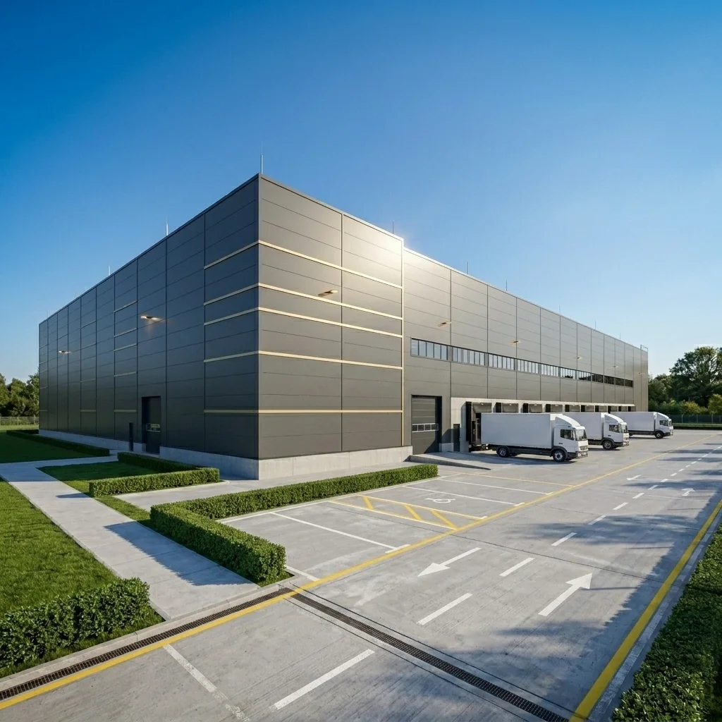 Visualisierung: Ein fertiggestellter spekulativer Logistikneubau in strahlendem Tageslicht mit Lkw an den Andienungstoren, Bodenmarkierungen und Gehwegen