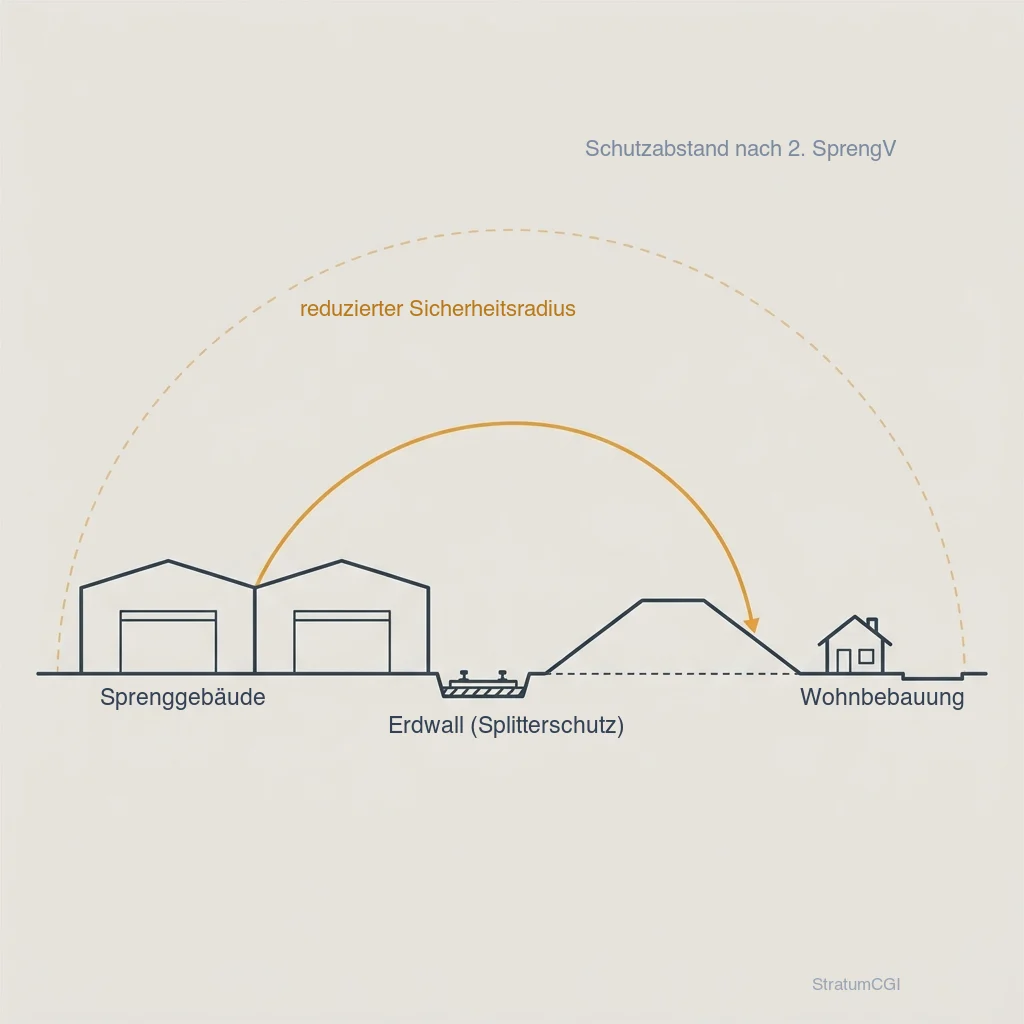 Diagramm: ein Erdwall verkürzt den sprengstoffrechtlichen Sicherheitsradius zwischen Produktionsgebäude und Wohnbebauung