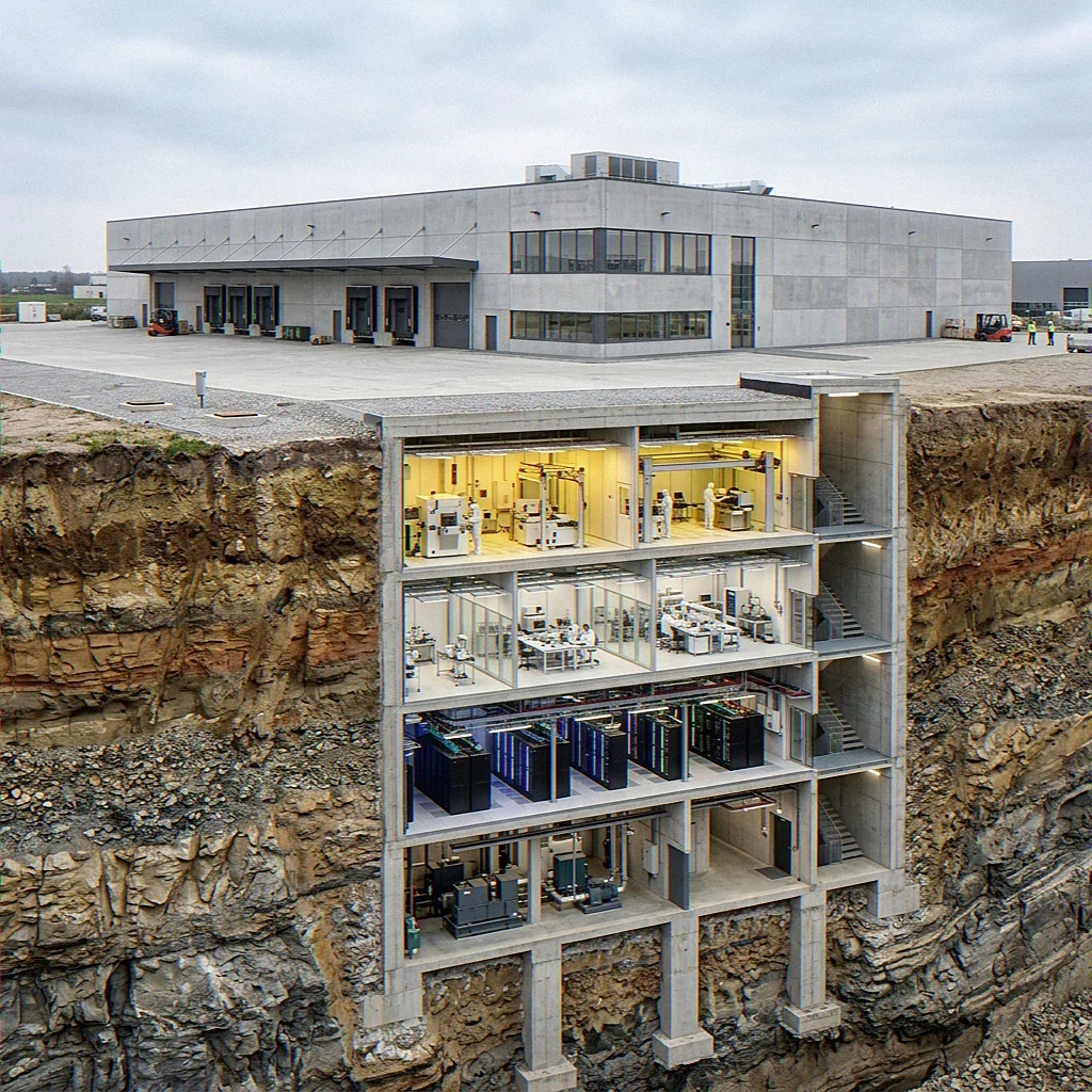 Schematischer 3D-Schnitt durch einen Produktionsbau mit mehreren geschützten Funktionsebenen, als internes Modell für Bauherr und Behörde