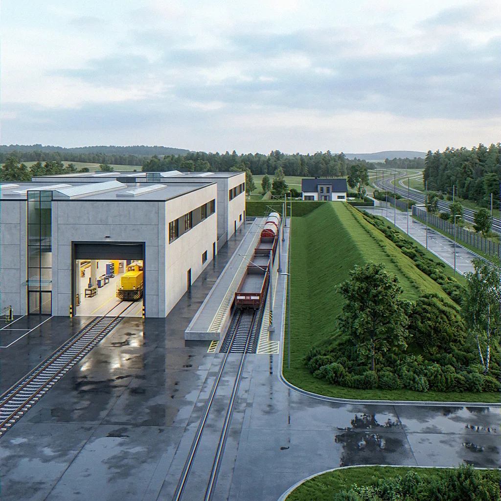 Wehrtechnisches Werksgelände mit zwei Montagehallen, Gleisanschluss und schützendem Erdwall vor einem Wohnhaus