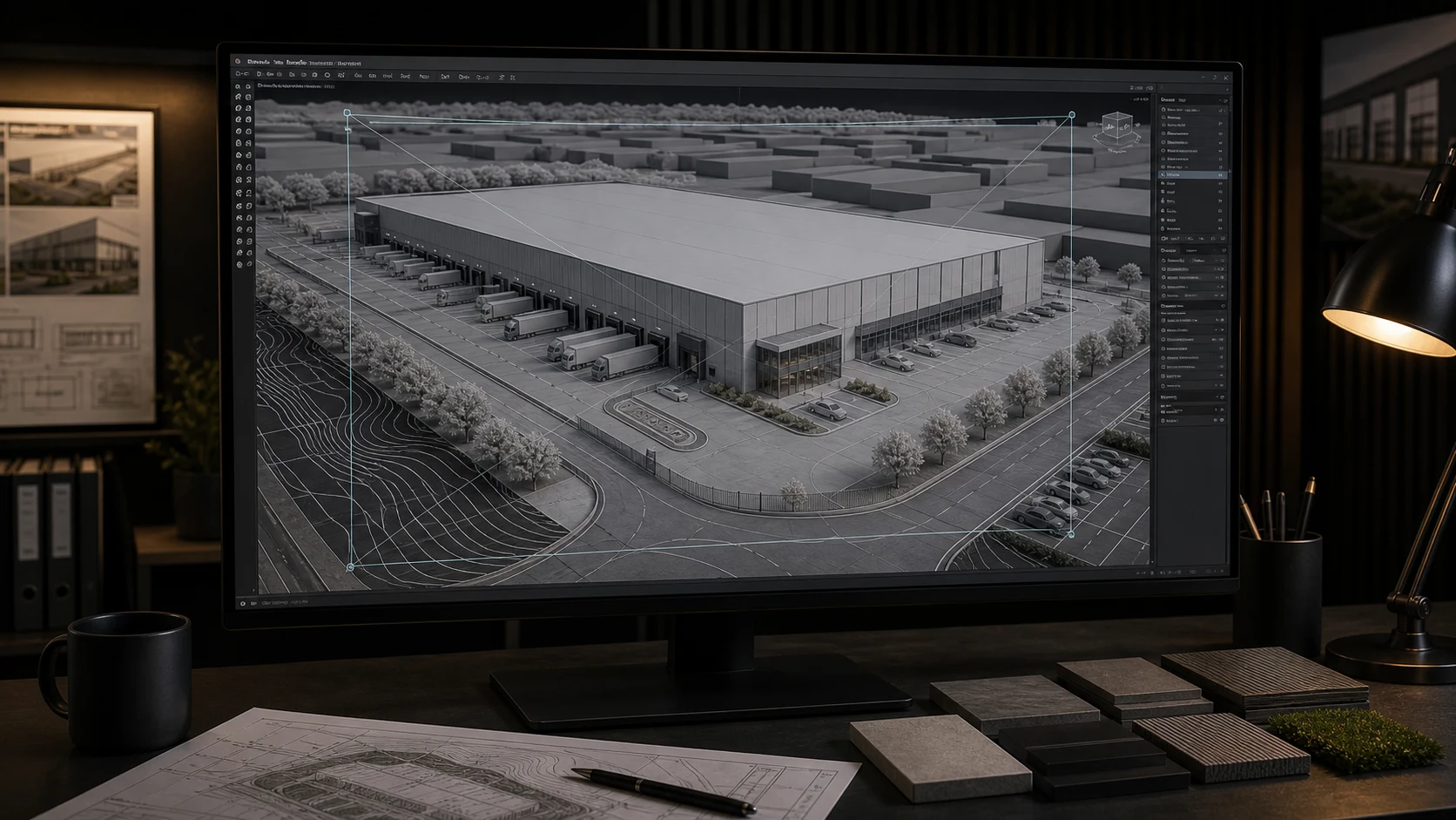Modellaufbau im Visualisierungsprozess mit Gebaeudehuelle, Hof, Zufahrt und Standortkontext