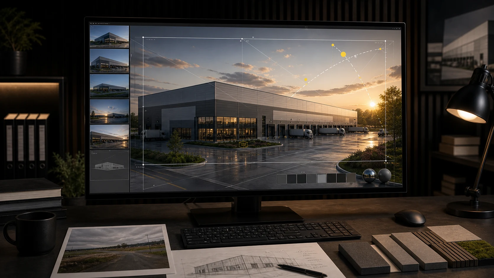 Entwurfsansicht im Visualisierungsprozess mit Kamera, Licht, Materialtest und Bildausschnitt