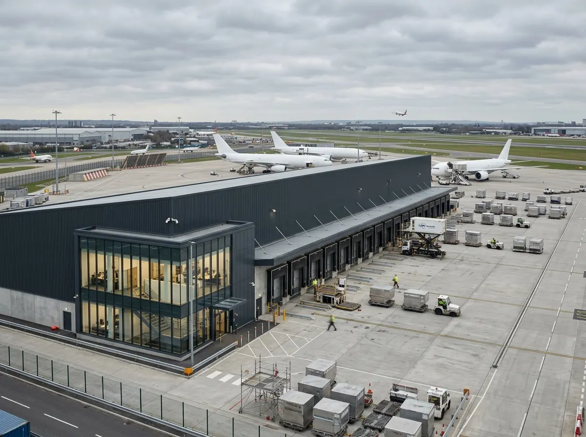 UK Referenz-CGI für ein regionales Luftfracht-Terminal mit Cargo Bays, Vorfeldlogistik und Terminalfassade
