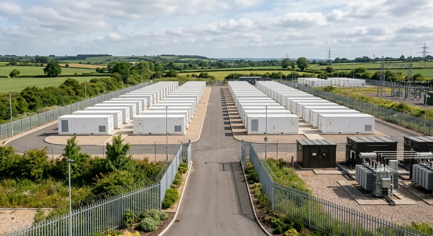 BESS Visualisierung mit Batteriecontainern, Zaun, Transformatorbereich und interner Erschließung