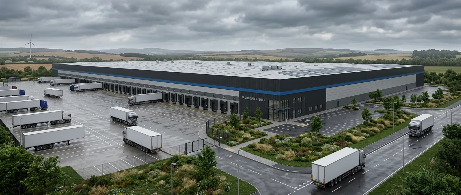 UK Referenz-CGI für eine West Midlands Distributionshalle mit Fassadenqualität, Docklinie und Service Yard