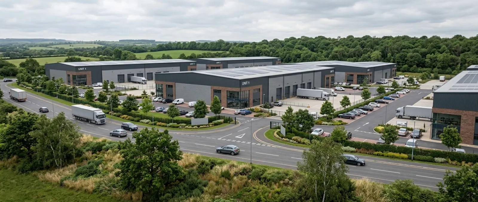 UK Referenz-CGI für einen Industriepark mit Multi-Unit Einheiten, Erschließung und Landschaftsrand
