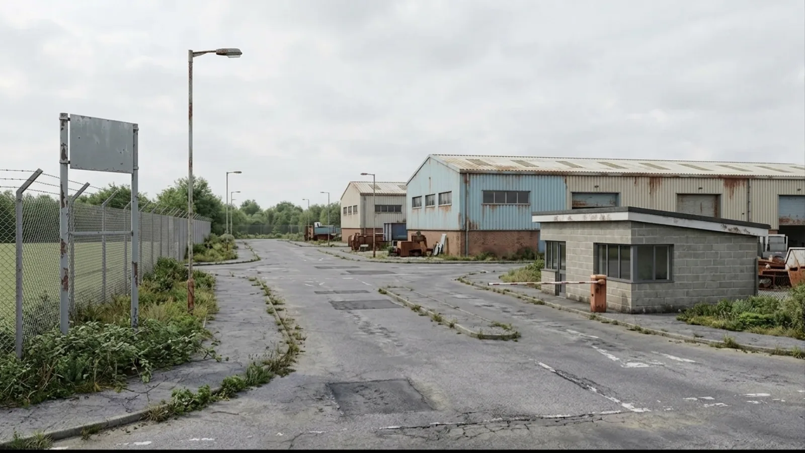 Industriepark CGI Bestandszufahrt mit Gatehouse, Signage Totem, Access Road und Light Industrial Units