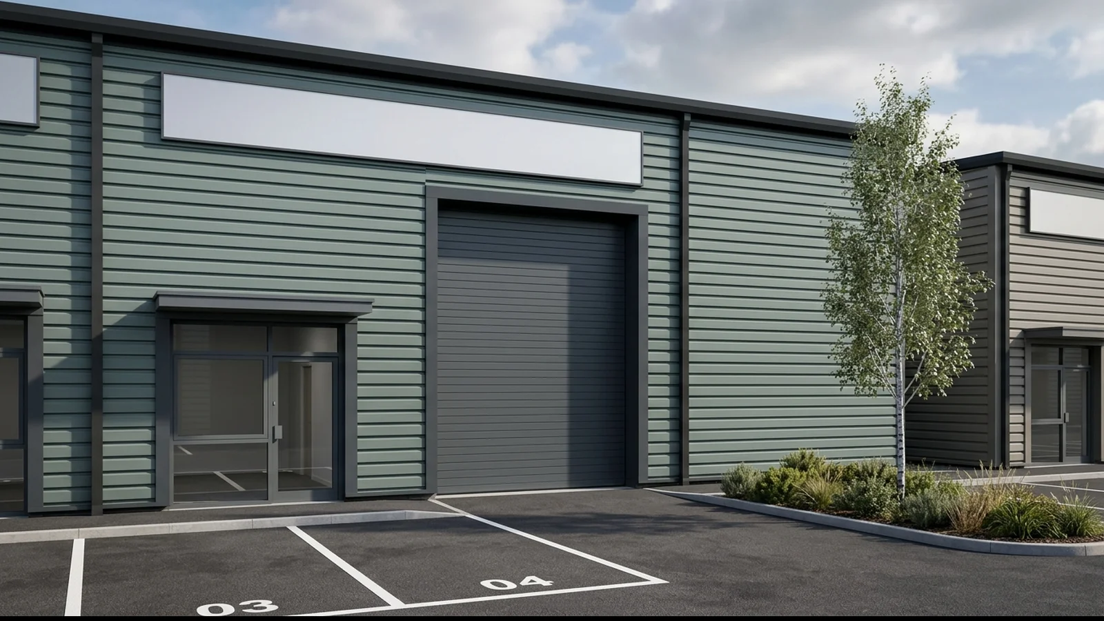 Industriepark CGI Unit Frontage mit anthrazitem Roller Shutter, Personeneingang, Signage Zone und Parkbuchten