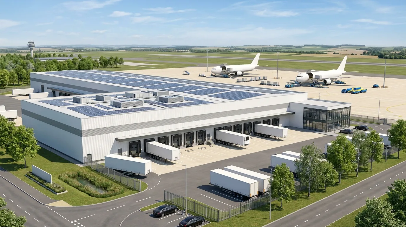 Konzeptvisualisierung für ein Luftfracht-Terminal im Köln-Bonn Frachtzentrum mit Frachtbuchten, Vorfeldlogistik und Terminalfassade