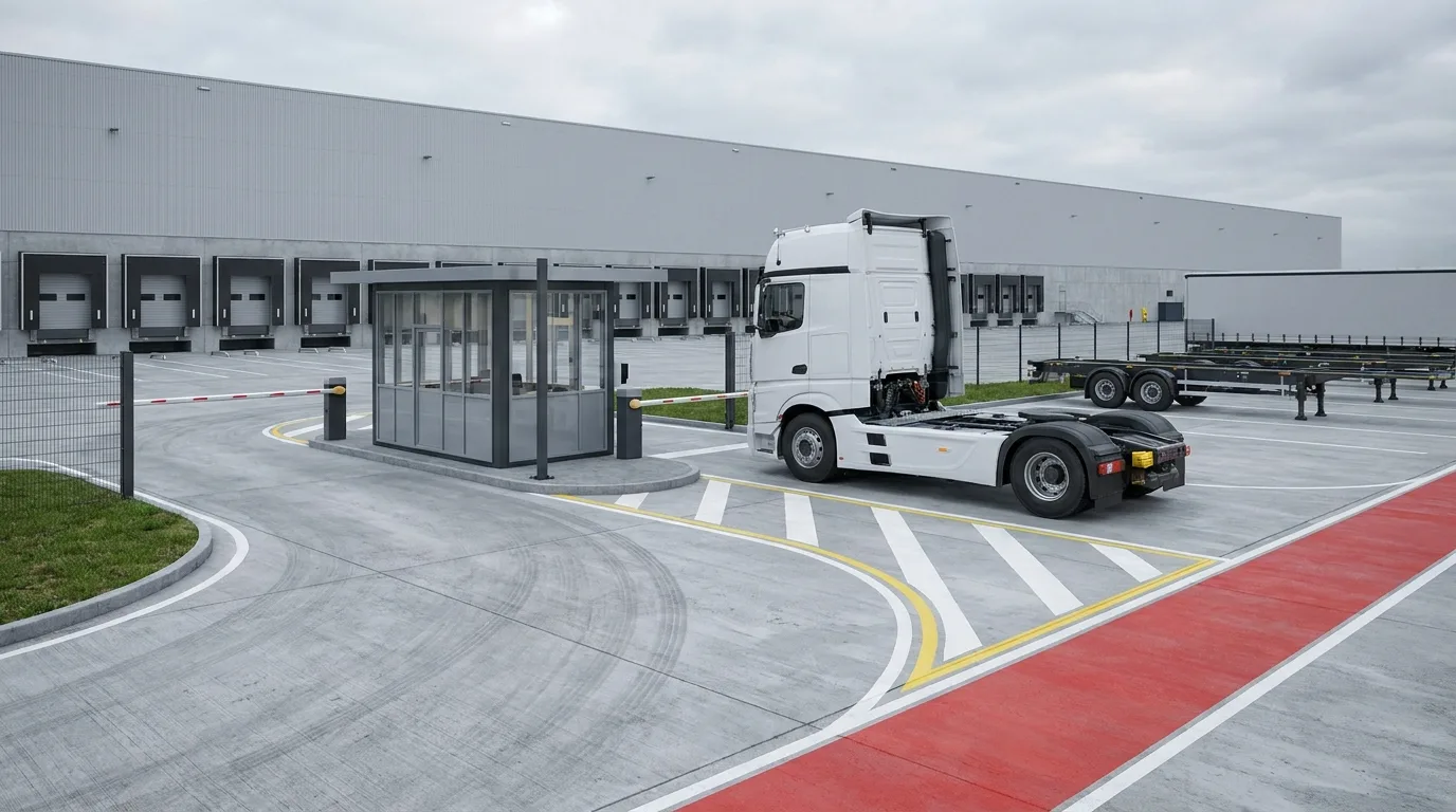 Pforte und Anmeldezone am Lkw-Hof eines deutschen Distributionszentrums mit Schleppkurven und Trailer-Stellplätzen
